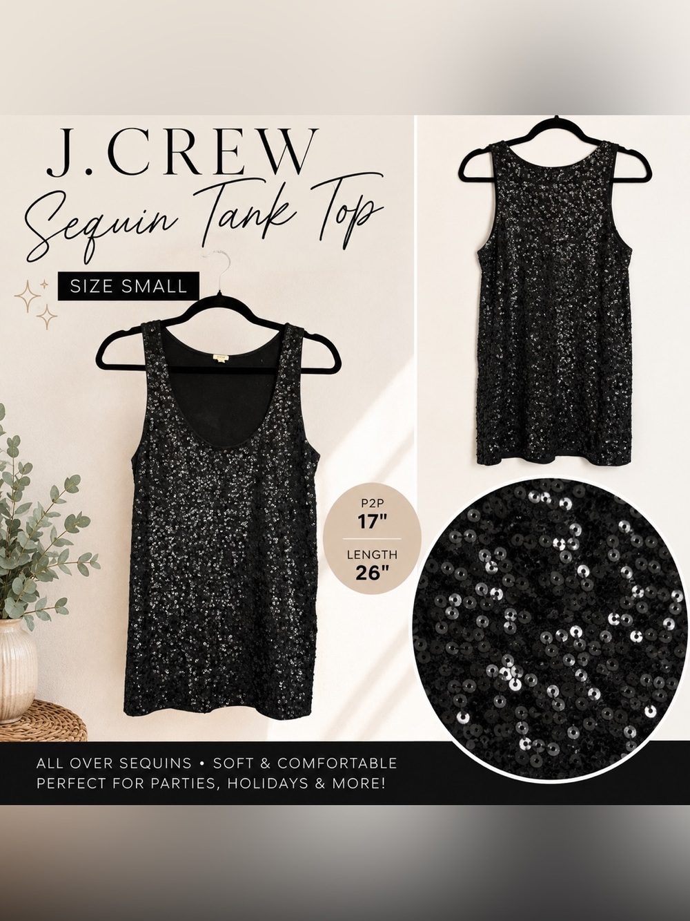 J. Crew Black Sequin Tank Top Size Small Event Date Night Cocktail Party